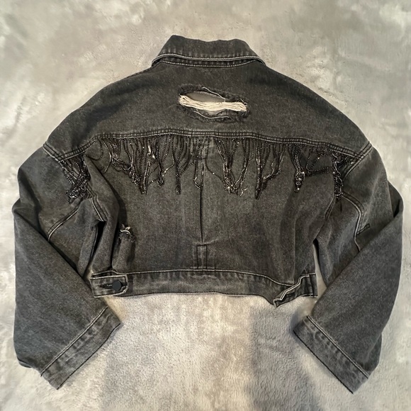 Blue B Dark Distressed Cropped Denim Jacket with Rhinestone Fringe
Size S/M - Picture 9 of 9